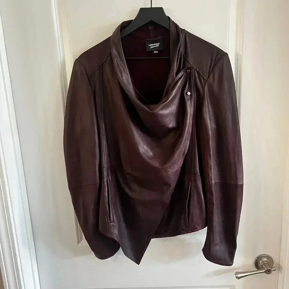 B76 Lamarque Drapped Leather Crossbody Snap Jacket Size Large - Picture 5 of 9